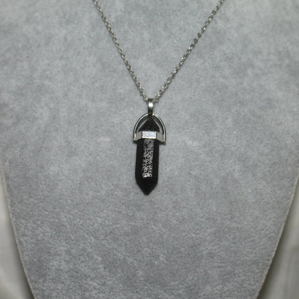 Black Lava Stone Hex Crystal Pendant Necklace – Silver Tone Chain - Picture 6 of 8